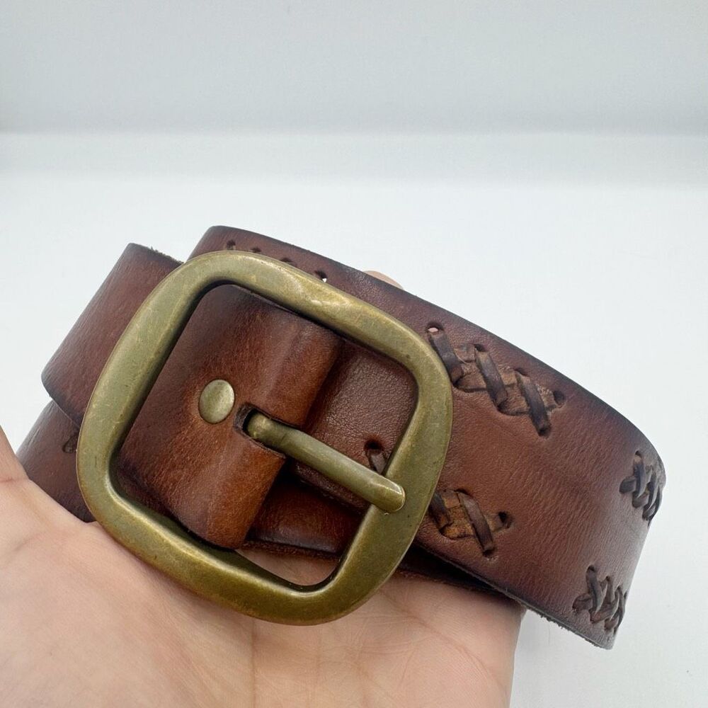Vintage Y2K American Eagle Brown Woven Leather Belt Brass D Buckle Women Medium - Picture 4 of 7